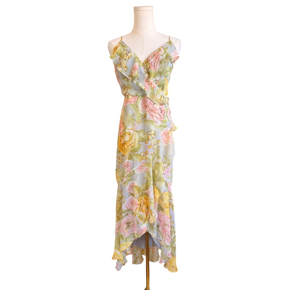 Express Floral Ruffle High Low Maxi Dress Blue Pink Yellow Size M